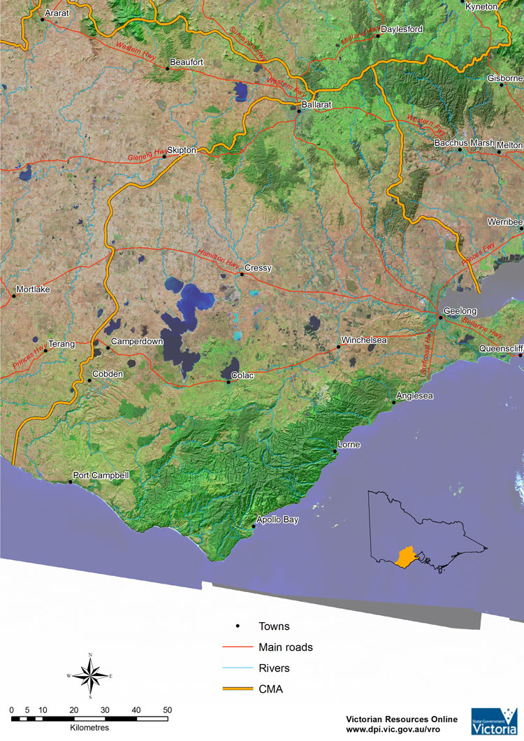 Aerial overview of Corangamite catchment management region showing towns, main roads, rivers, major landform features and land use