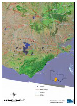 Oblique aerial overview of Corangamite catchment management region showing major landform features and land use