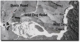 Photo: An aerial photo of the 1952 landslide at the junction of Wild Dog Creek Road and Busty Road