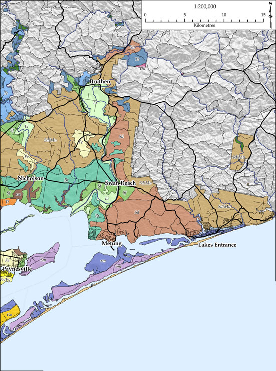 Soils and landforms of the Bairnsdale and Dargo Region - a guide to the major agricultural soils of East Gippsland 2011 - Bruthen Lakes Entranche map
