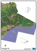 Oblique aerial overview of East Gippsland catchment management region showing major landform features and land use