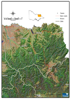 Oblique aerial overview of North East catchment management region showing major landform features and land use