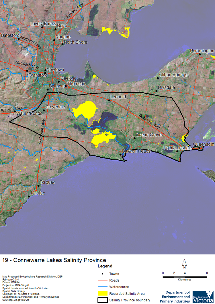 A detailed map showing Connewarre Lakes Salinity Province