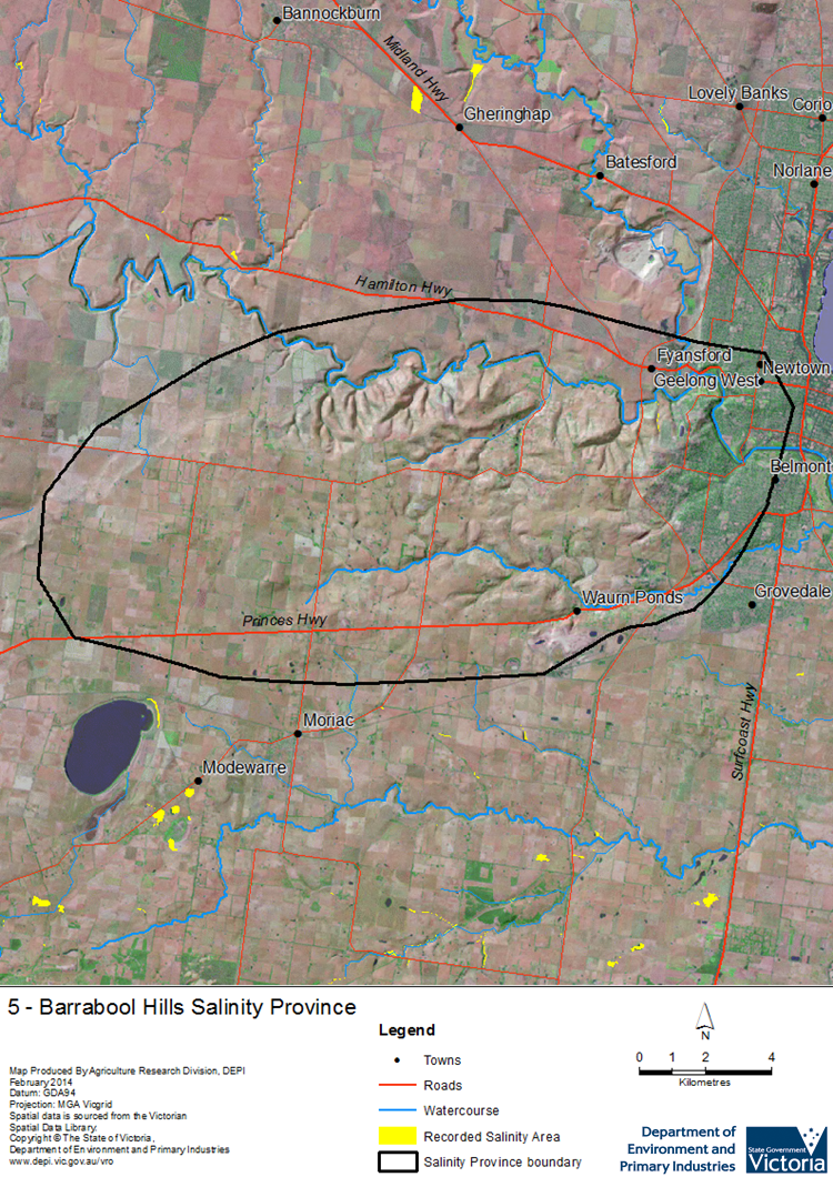 A detailed map showing Barrabool Hills Salinity Province