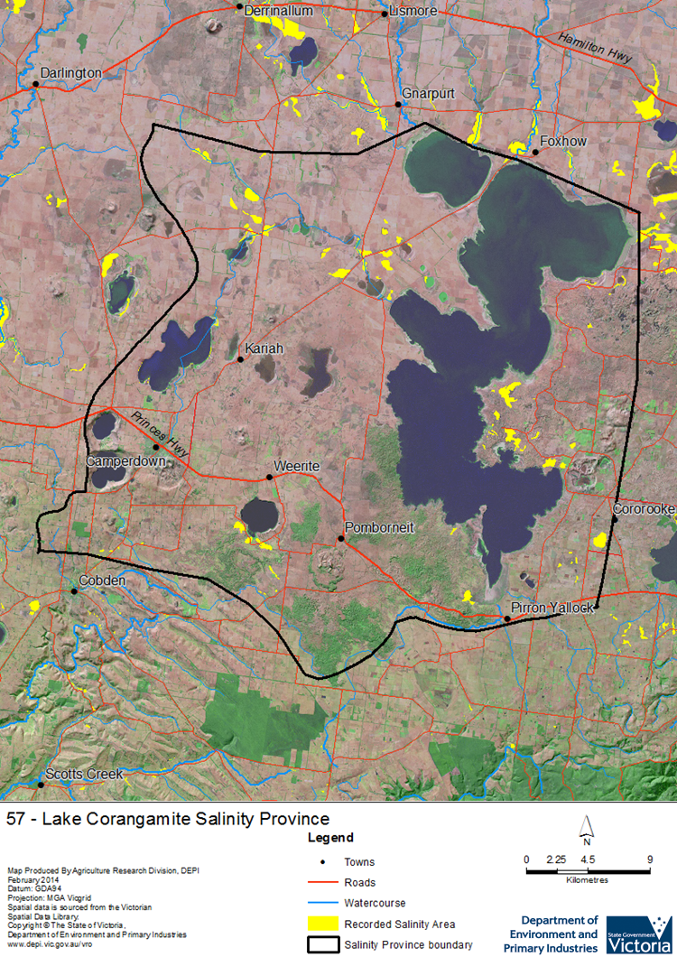 A detailed map showing Lake Corangamite Salinity Province