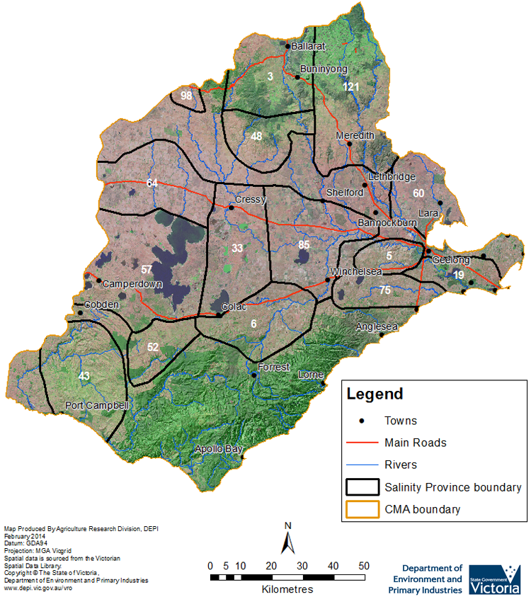 Map of Corangamite CMA Region with Salinity Proviences mapped