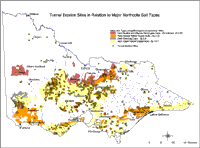 Image:  Tunnel erosion sites in relation to major Northcote (1979) soil types