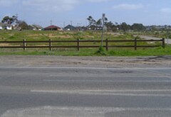 Cracked and potholed road in the foreground and salt tolerant vegetation and scalding in the background.