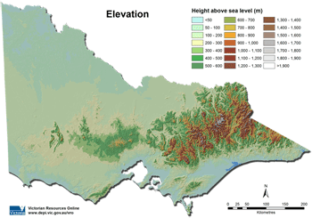 Thumbnail Victorian elevation map showing area from <50 m above sea level to >1,900 m